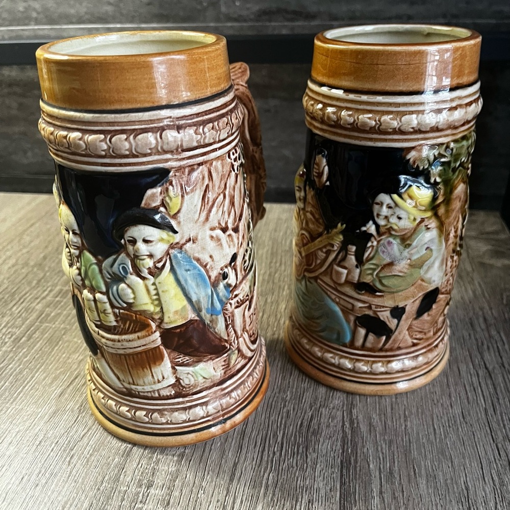 Vintage German Style Beer Steins Set of 2 • Made in Japan Tavern scene - 7”H